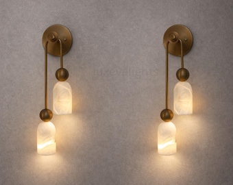 Brass Double Wall Sconce with Alabaster Shade Light Fixture, Mid Century Modern Stilnovo Style, Luxury Bedroom Wall Lighting For Living Room