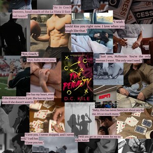 May include: A collage of images with a football theme, including a book cover titled "The Penalty" by D.C. Kile, football players, and text excerpts like "I love you." The images are in black and white and color.
