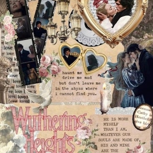 May include: A collage featuring romantic imagery from Wuthering Heights. It includes film strips, heart-shaped frames with couples, floral accents, and the title text. The color palette is soft, with beige, pink, and gold tones.