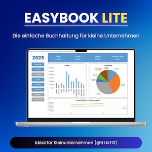 Op de afbeelding: Een laptopscherm toont "EASYBOOK LITE" en financiële gegevensdiagrammen. Het scherm toont een blauw-witte interface met grafieken en numerieke gegevens, inclusief de tekst "Ideal für Kleinunternehmen (§19 UStG)".