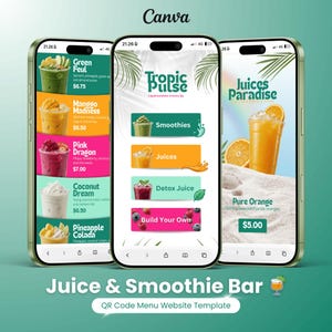 Plantilla web de menú con código QR para bar de zumos y batidos (para cuenta gratuita de Canva)