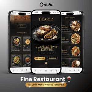 Plantilla web de menú con código QR para restaurantes de alta cocina, compatible con cuentas gratuitas de Canva / Estilo lujoso y elegante.