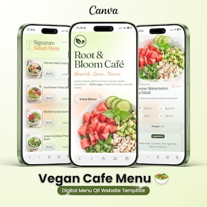 May include: Three smartphones displaying a digital menu template for Root & Bloom Cafe. The screens show a plant-based salad menu with images of watermelon, cucumber, and mint bowls, navigation buttons, and nutritional information in a light green theme.