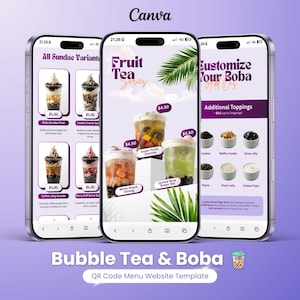 Digitale menukaartsjabloon voor bubble tea- en boba-winkels, geschikt voor een gratis Canva-account | Bewerkbaar QR-codemenu
