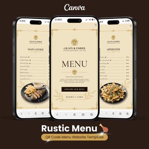 Può includere: Tre smartphone che mostrano un modello di menu digitale per il ristorante Grain & Ember. Gli schermi presentano un'interfaccia color crema con testo nero, includendo sezioni per Main Course, Menu e Appetizer, insieme a foto di piatti.