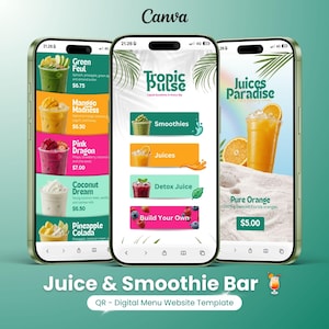 Juice and Smoothie Bar Digital Menu Website Template for Canva Free Account | Editable QR Code Menu