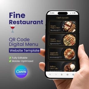 Modelo de site para menu com código QR de restaurante sofisticado, disponível gratuitamente no Canva | Estilo luxuoso e elegante