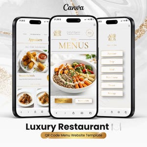 Modèle de site web de menu numérique pour restaurant de luxe, compatible avec un compte Canva gratuit | Menu avec code QR modifiable