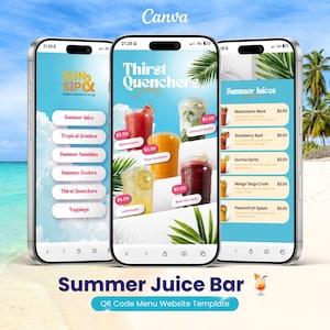 Summer Juice Bar Digital Menu Website Template for Canva Free Account | Editable QR Code Menu