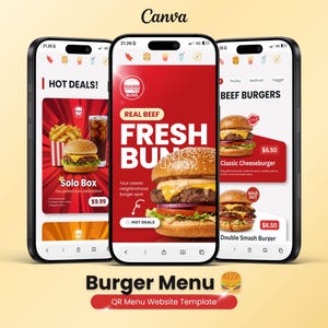 Modello di sito web per menu digitale di hamburger per account Canva gratuito / Menu modificabile con codice QR
