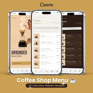 Digitale menukaartsjabloon voor een koffiebar, geschikt voor een gratis Canva-account | Bewerkbaar QR-codemenu | Strak en minimalistisch ontwerp