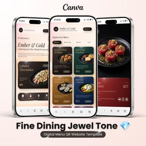 Könnte beinhalten: Drei Smartphones zeigen eine digitale Restaurant-Menü-Website-Vorlage mit dem Titel Ember & Gold. Die Bildschirme zeigen Food-Fotografie, Gerichtenamen wie Lobster Thermidor und Seared Diver Scallops, Preise und Navigationssymbole.