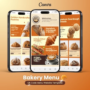 Bakery Digital Menu Website Template for Canva Free Account | Editable QR Code Menu | Sourdough, Pastry, Sandwich