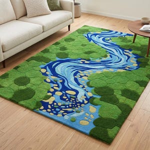 May include: A rectangular area rug with a river design. The rug features a blue river winding through a green landscape. The river is surrounded by a textured, tufted green pattern. The rug is on a hardwood floor.