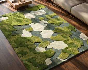 3D Moss Forest Floor Rug, Handmade Large Green Tufted Area Carpet for Nature-Inspired Homes