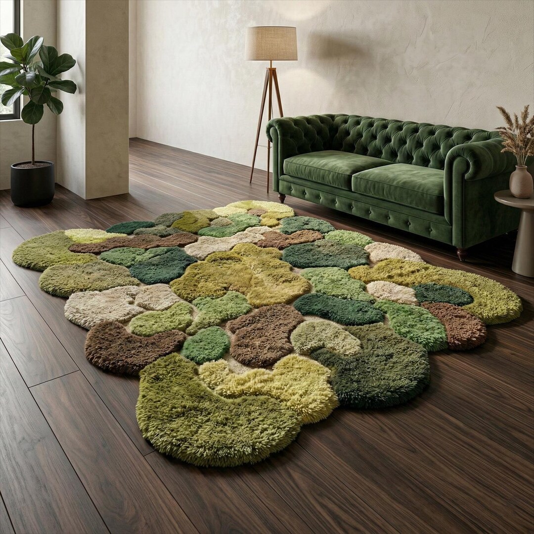 3D Moss Forest Floor Tufted Area Rug, Organic Shape Green Irregular ...