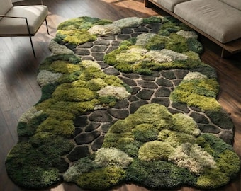 Forest Moss 3D Textured Rug: Hand-Tufted Botanical Area Carpet for Nature-Inspired Living Rooms and Modern Bedrooms