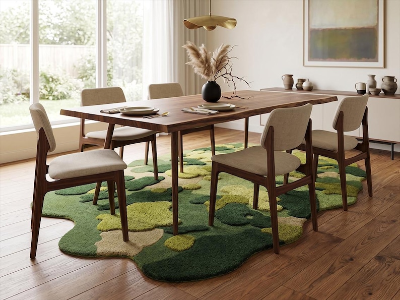 May include: A modern dining room set with a dark wood table, four chairs, and a unique green and beige rug. The table is set with plates and silverware, and a black vase holds decorative branches.