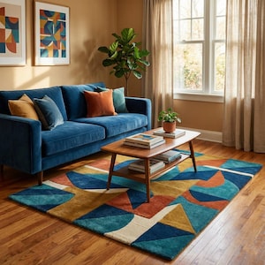 Può includere: Un soggiorno con un divano blu in velluto, cuscini colorati, un tavolino in legno e un tappeto a motivi geometrici nei toni del blu, arancione e giallo. Opere d'arte sono appese al muro.