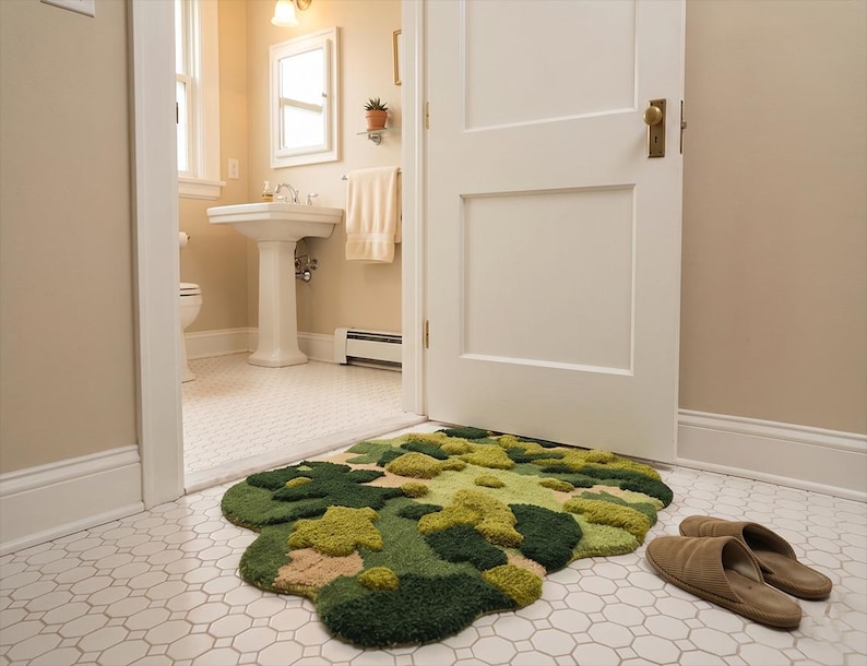 May include: A unique, organic-shaped rug with a mossy, textured appearance. The rug features shades of green, tan, and brown, resembling a landscape. Two brown slippers are placed near the rug on a white tile floor.