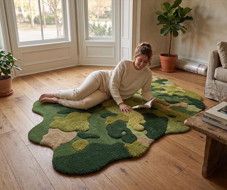 May include: A unique, abstract rug in shades of green, tan, and olive. The rug has an irregular, organic shape and a textured surface. The rug is placed on a hardwood floor in a well-lit room.