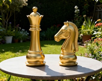 Decorazione con pezzi degli scacchi dorati, scultura di regina e cavallo, statua degli scacchi in resina, complemento d'arredo di lusso, decorazione moderna per mensole