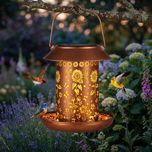 May include: A copper-coloured solar-powered bird feeder suspended from a tree branch. The feeder features a decorative sunflower and butterfly design with a circular feeding tray. Three birds are in flight or perched nearby.