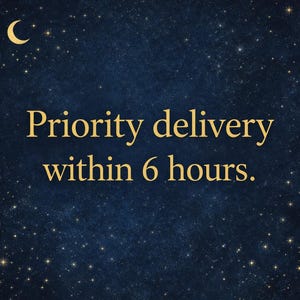 May include: A dark blue background with a starry night sky design. The text "Priority delivery within 6 hours" is displayed in gold lettering, along with a crescent moon and stars.