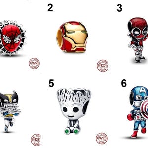 May include: A collection of six sterling silver charms featuring superhero characters. The charms include a red spider web design, a gold and red helmet, a red and black character, a yellow and blue figure with claws, a silver tree-like creature, and a blue character with a shield.