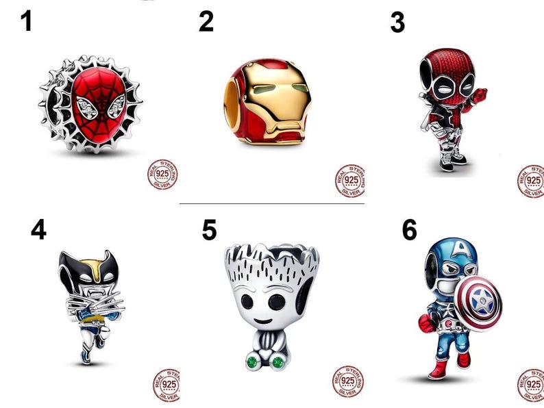 May include: A collection of six sterling silver charms featuring superhero characters. The charms include a red spider web design, a gold and red helmet, a red and black character, a yellow and blue figure with claws, a silver tree-like creature, and a blue character with a shield.