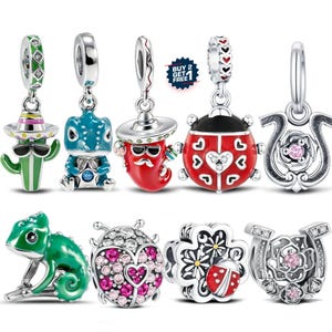 May include: A selection of silver charms featuring diverse designs: a cactus in a sombrero, a blue lizard, a red chilli pepper with sunglasses, a ladybug, a horseshoe with a pink flower, a green chameleon, a charm with pink hearts, a four-leaf clover with a ladybug, and a horseshoe with a pink flower.