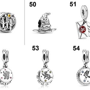 May include: A collection of six silver-toned metal charms featuring various designs including a circular emblem with a golden snitch, a pointed hat, an envelope with a red seal, and three circular pendants depicting a lion, a badger, and a bird.