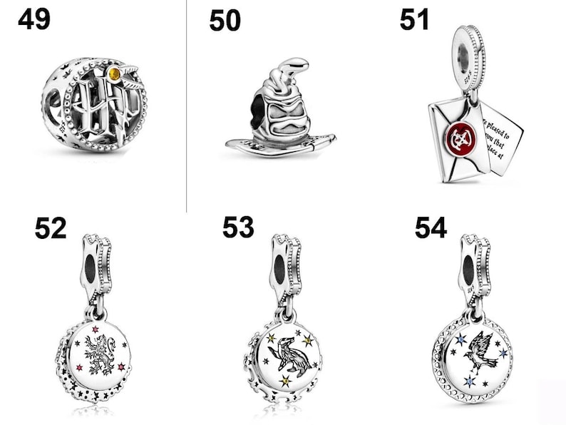 May include: A collection of six silver-toned metal charms featuring various designs including a circular emblem with a golden snitch, a pointed hat, an envelope with a red seal, and three circular pendants depicting a lion, a badger, and a bird.