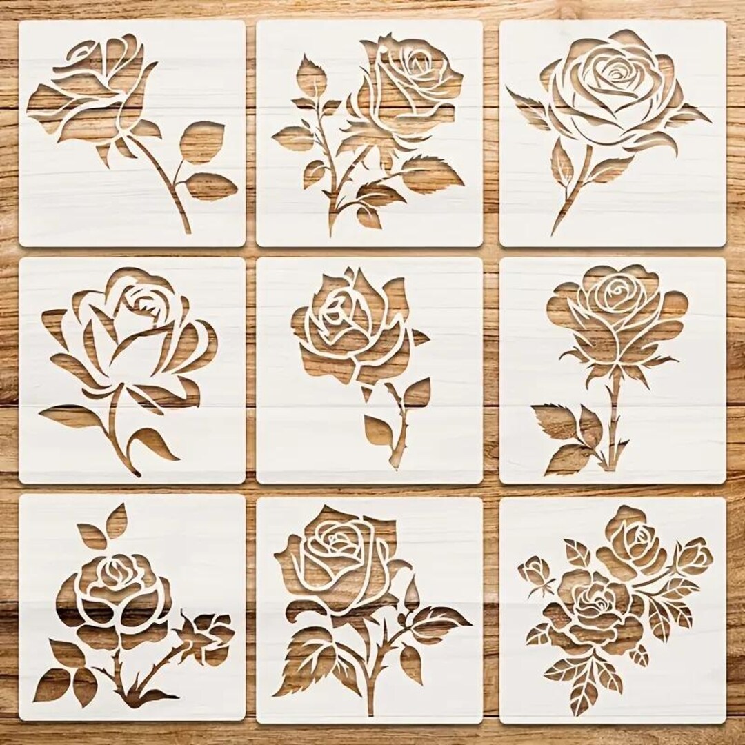 9PCS 5.12x5.12 Inch Rose Stencil Set for DIY Painting, Reusable PET ...