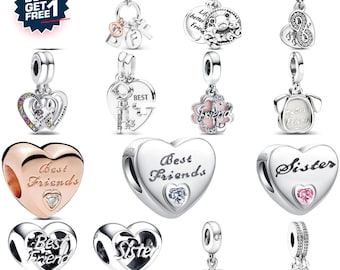 925 Sterling Silver Best Friend & Sister Charm Beads – Heart, Infinity, Key, Friendship Dangle Charms for Bracelet Necklace, Heart Charm