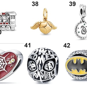 May include: A collection of six silver and gold-toned metal charms. Items include a Hogwarts Express train, a winged golden ball, a circular pendant with a snake, a red heart with a spiderweb, a spherical charm with text, and a Batman logo charm.