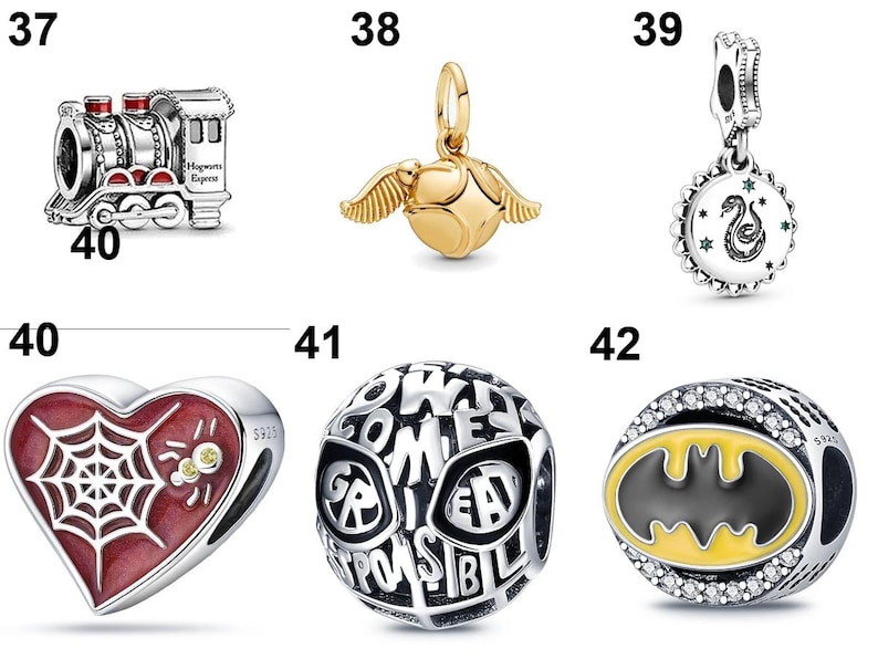 May include: A collection of six silver and gold-toned metal charms. Items include a Hogwarts Express train, a winged golden ball, a circular pendant with a snake, a red heart with a spiderweb, a spherical charm with text, and a Batman logo charm.