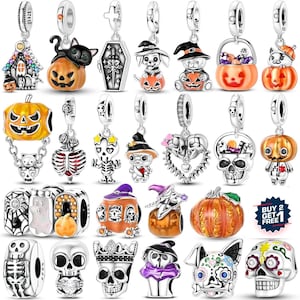 May include: A collection of twenty-four silver Halloween-themed charms featuring pumpkins, skulls, skeletons, cats, witches, and ghosts with colourful enamel accents. Some charms include clear stones and the text BUY 2 GET 1 FREE is visible.