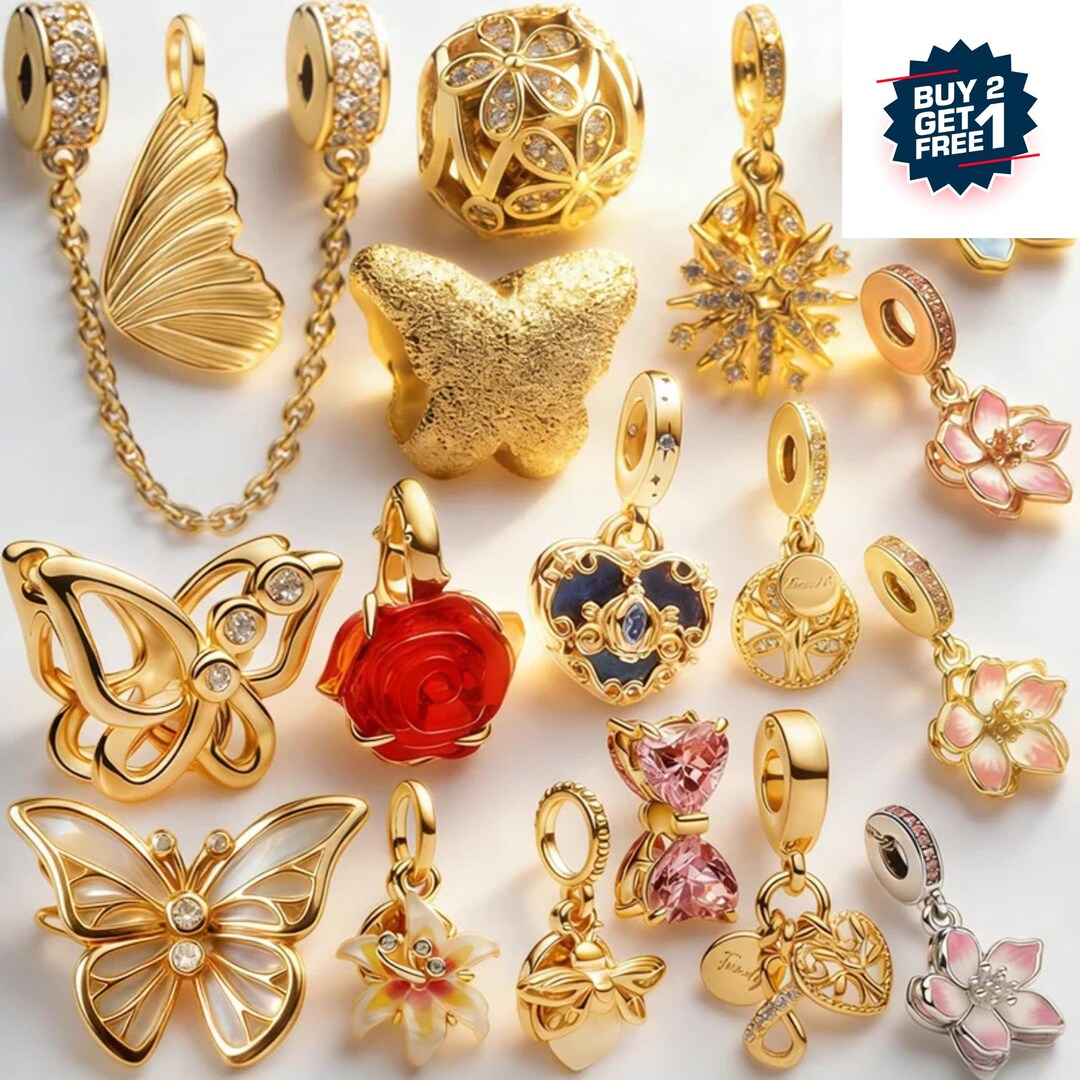 925 Sterling Silver Gold Charm Beads, Gold Butterfly Flower Heart ...