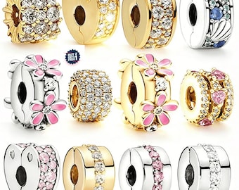 Gold & Silver 925 Sterling Silver Clip Charm Beads, Spacer Charms, Pink Flower Heart Charms for Bracelet, Luxury Jewelry Gift for Her