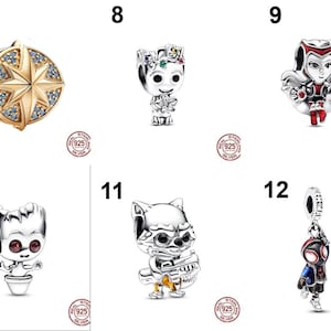 May include: A collection of six silver and gold-toned metal charms featuring various character designs. Item 7 is a gold compass, 8 is a tree-like figure, 9 is a female character, 10 is a small plant figure, 11 is a raccoon, and 12 is a masked hero.