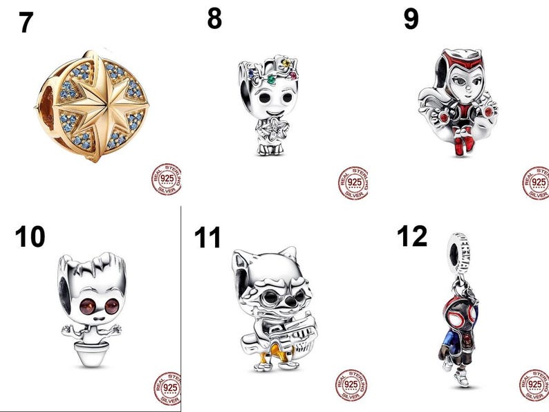 May include: A collection of six silver and gold-toned metal charms featuring various character designs. Item 7 is a gold compass, 8 is a tree-like figure, 9 is a female character, 10 is a small plant figure, 11 is a raccoon, and 12 is a masked hero.