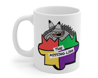 The Missing Link mug | 11oz ceramic coffee cup, colorful dinosaur logo