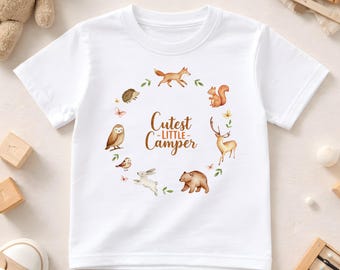 Cutest little camper kids shirt, matching siblings camping tee, forest animal baby one piece