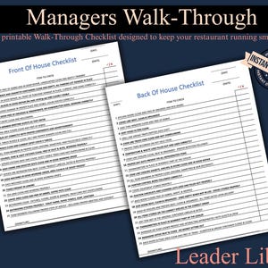 May include: A printable Managers Walk-Through checklist featuring two white documents titled Front Of House Checklist and Back Of House Checklist with numbered rows for tasks, date and shift fields, and an Instant Download badge.