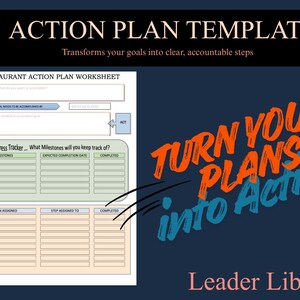 May include: A restaurant action plan worksheet template featuring sections for goals, progress tracking with milestones, and assigned steps. The document includes the text ACTION PLAN TEMPLATE, TURN YOUR PLANS into Action, and Leader Library on a dark background.