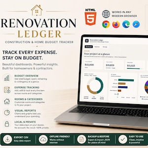 May include: A laptop displays the "Renovation Ledger" construction and home budget tracker. The screen shows financial data visualizations, including charts and graphs. The software offers expense tracking, budget overview, and visual reports. The text on the screen says "Track every expense. Stay on budget."