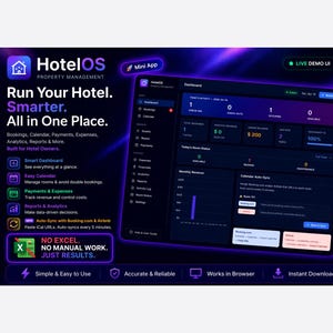 Pode incluir: Interface digital para o software de gestão de propriedades HotelOS. A tela exibe reservas, calendário, pagamentos e funções de análise. O texto inclui "Run Your Hotel. Smarter. All in One Place."
