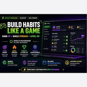 May include: A digital graphic promoting a habit-building application. The design features a laptop displaying the app interface, with text emphasizing earning XP, building streaks, and leveling up. Icons highlight features like offline use and lifetime access.