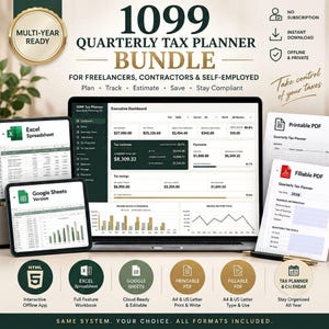 Pode incluir: Um pacote de planeamento fiscal trimestral 1099 para freelancers e trabalhadores independentes. O ecrã digital mostra um painel executivo com estimativas de impostos, poupanças e gráficos. Inclui formatos Excel, Google Sheets e PDF.